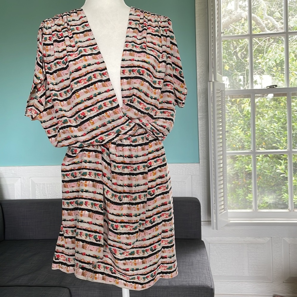 BCBGMaxAzria Colorful One Piece Low Cut Flowy Mini Dress w/ Wrap Style Skirt